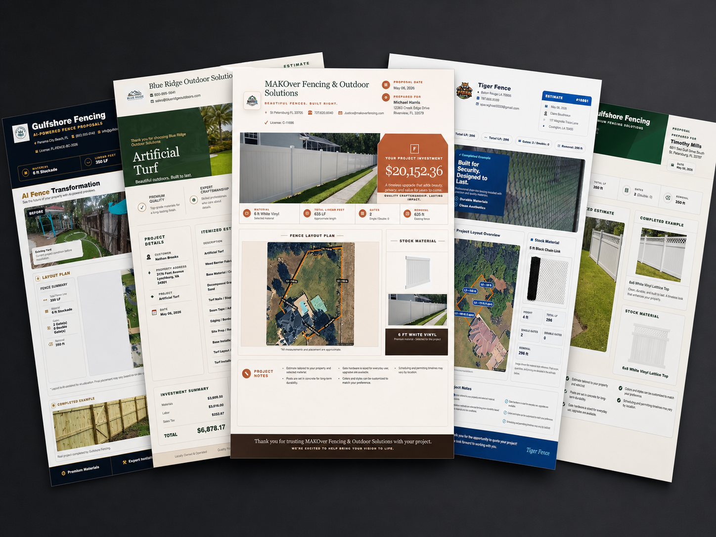 Examples of professional branded FencePro.ai estimate templates fanned out