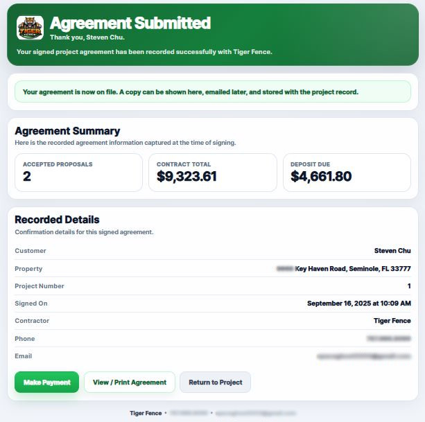 FencePro.ai agreement submitted confirmation screen