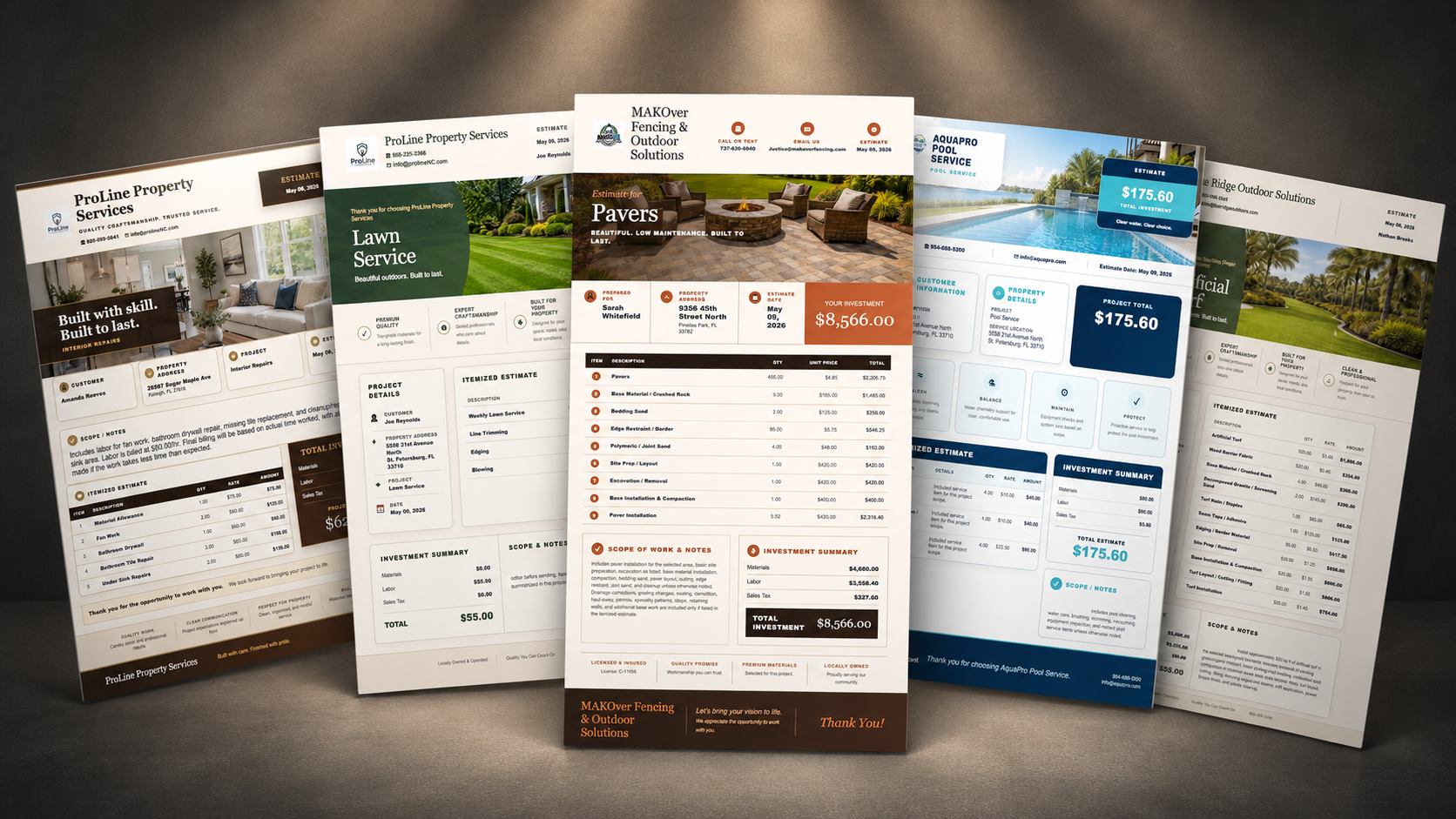 General estimate template examples in FencePro.ai for pavers, lawn service, interior repairs, pool service, and artificial turf