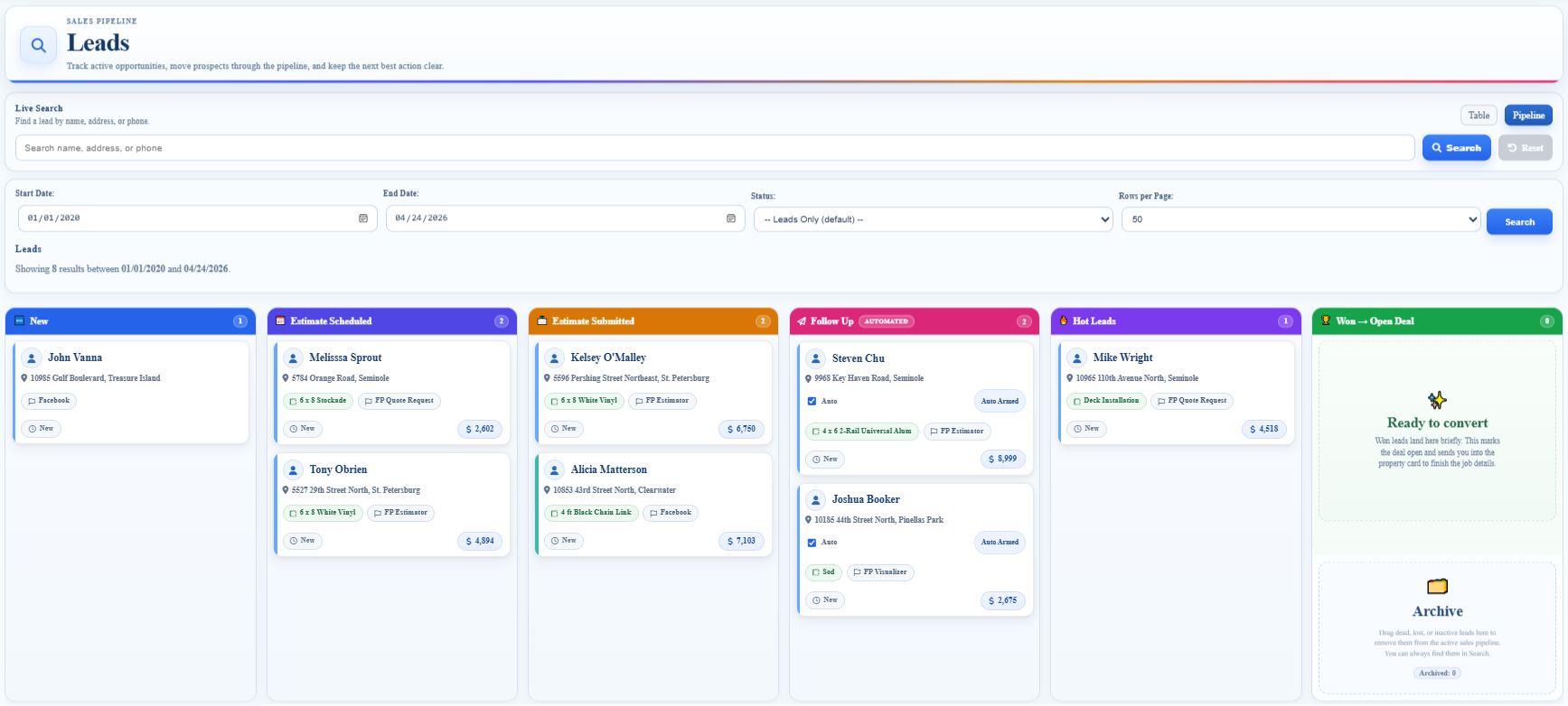 FencePro.ai leads, quotes, and jobs pipeline screen