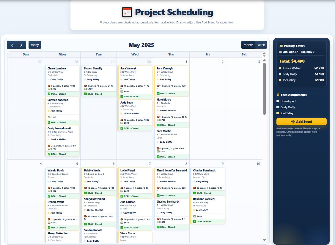 Fence project scheduling calendar screenshot with crew schedule and map
