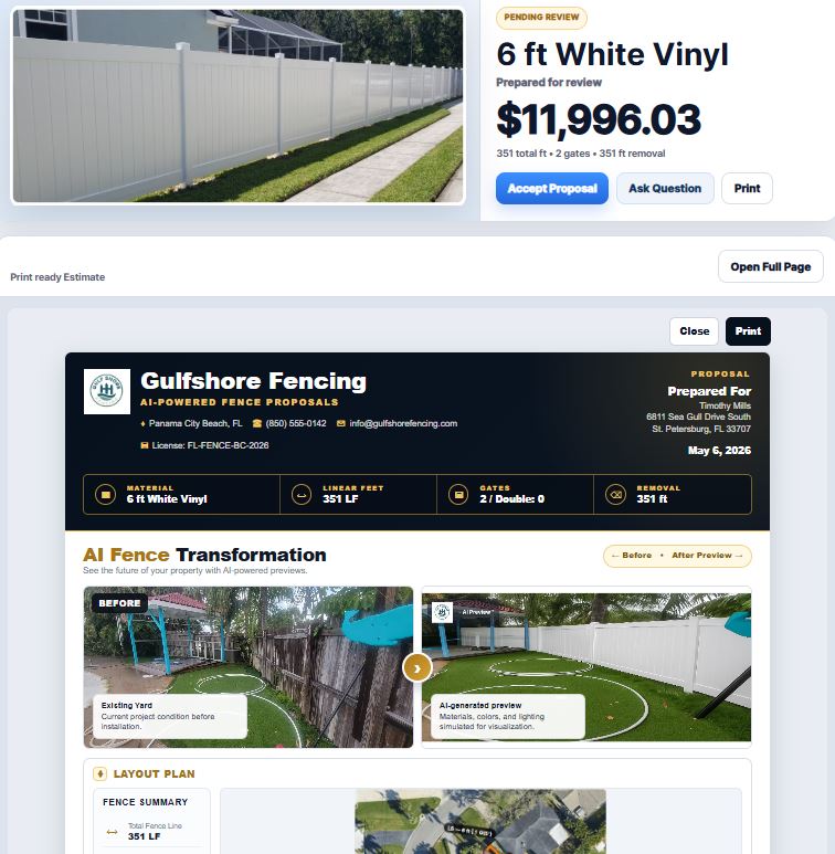 Customer-facing proposal view with estimate details, project photos, and online acceptance